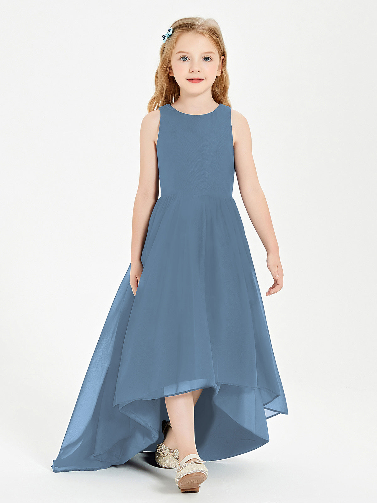 Asymmetrical Junior Bridesmaid Dresses with Scoop Neckline Slate Blue
